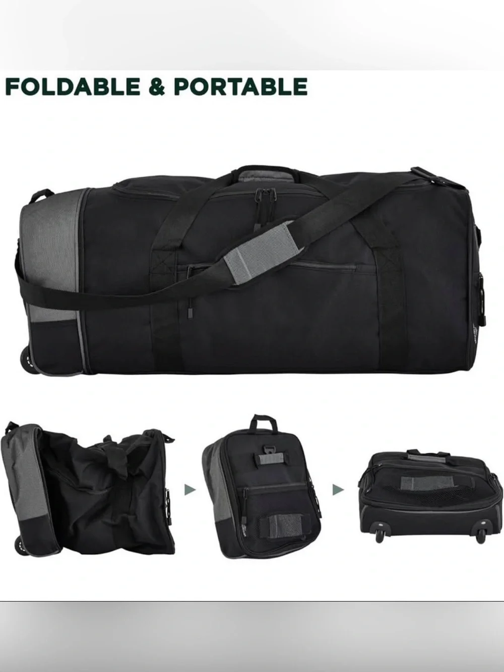 32 inch duffel bag expandable with two wheels and foldable to small size